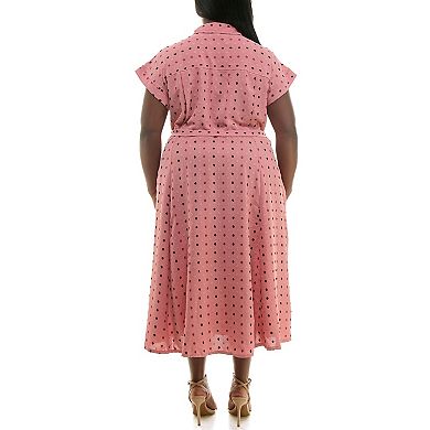 Plus Size Nina Leonard Swiss Dot Print Collared Short Sleeve Midi Shirt Dress