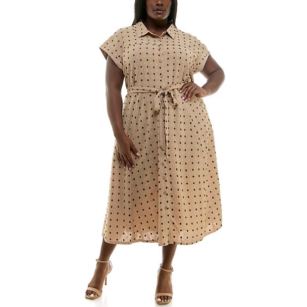 Plus Size Nina Leonard Swiss Dot Print Collared Short Sleeve Midi Shirt Dress, Women's, Size: 3XL, Camel Team