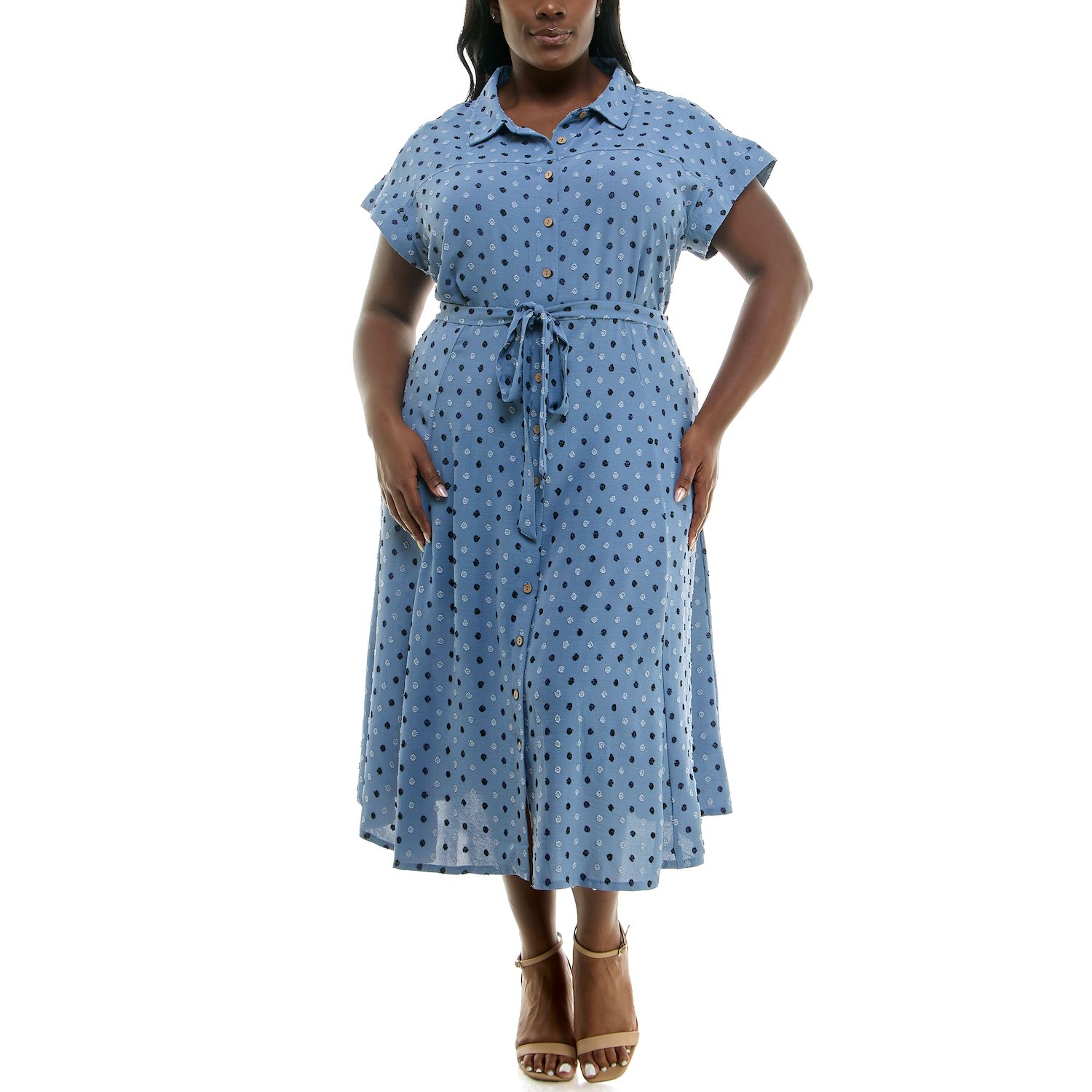 Женские платья Nina Leonard Plus Size Nina Leonard Swiss Dot Print Collared Short Sleeve Midi Shirt Dress