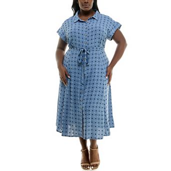 Plus Size Nina Leonard Swiss Dot Print Collared Short Sleeve Midi Shirt Dress