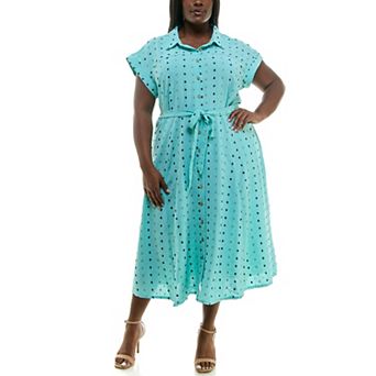 Plus Size Nina Leonard Swiss Dot Print Collared Short Sleeve Midi Shirt Dress