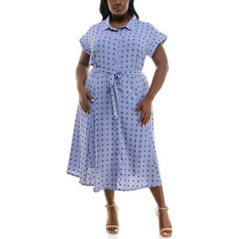 Plus Size Nina Leonard Swiss Dot Print Collared Short Sleeve Midi Shirt Dress