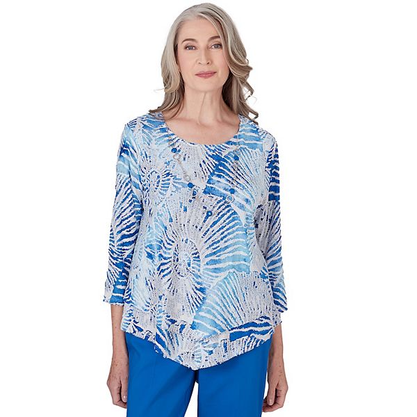 Petite Alfred Dunner Nautilus Seashell Print Long Sleeve Top with Necklace