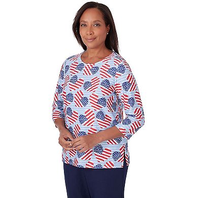 Women's Alfred Dunner American Flag Hearts Allover Print 3/4-Sleeve Top