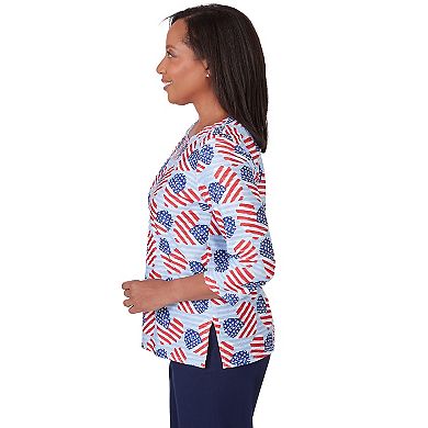 Women's Alfred Dunner American Flag Hearts Allover Print 3/4-Sleeve Top