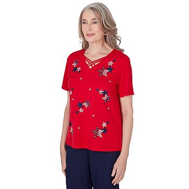 Petite Alfred Dunner Embroidered American Flag Stars Short Sleeve Top