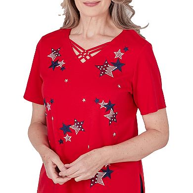 Petite Alfred Dunner Embroidered American Flag Stars Short Sleeve Top