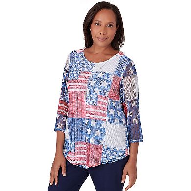 Petite Alfred Dunner Patchwork American Flag Mesh Top With Necklace