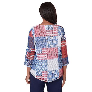 Petite Alfred Dunner Patchwork American Flag Mesh Top With Necklace