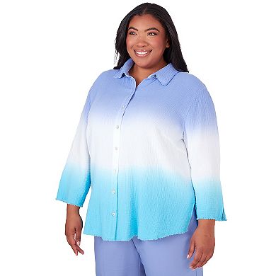 Plus Size Alfred Dunner Ombre Dip Dye Button Down Long Sleeve Blouse