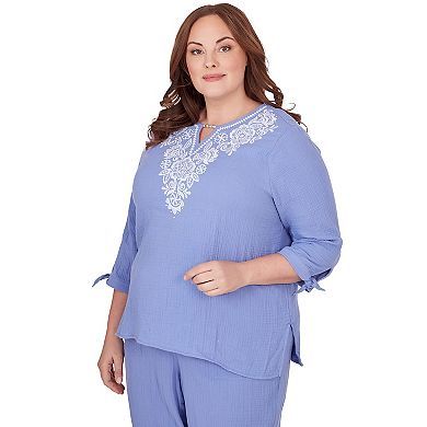 Plus Size Alfred Dunner Lacey Embroidered 3/4 Tie Sleeve Top
