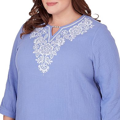 Plus Size Alfred Dunner Lacey Embroidered 3/4 Tie Sleeve Top