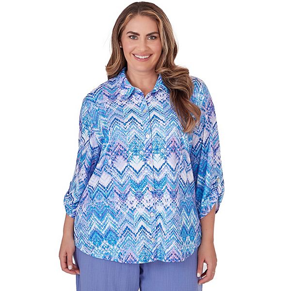 Plus Size Alfred Dunner Zig Zag Print Button Down 3/4-Sleeve Blouse