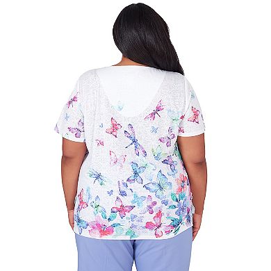 Plus Size Alfred Dunner Butterfly Printed Laced V-Neck Short Sleeve Top