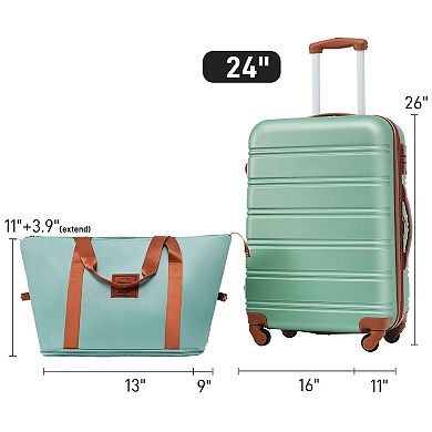 2 Pcs 24" Horizontal Stripe Hardshell Spinner  Luggage Set With Handbag, Tsa Lock