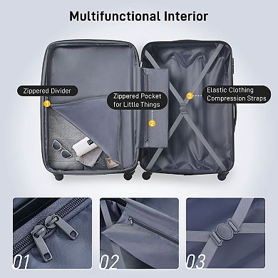 2 Pcs 20" Horizontal Stripe Hardshell Spinner  Luggage Set With Handbag, Tsa Lock