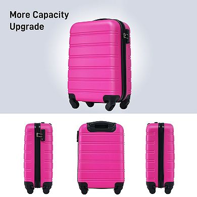 2 Pcs 20" Horizontal Stripe Hardshell Spinner  Luggage Set With Handbag, Tsa Lock