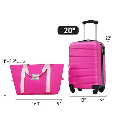 2 Pcs 20 Horizontal Stripe Hardshell Spinner Luggage Set With Handbag Tsa Lock