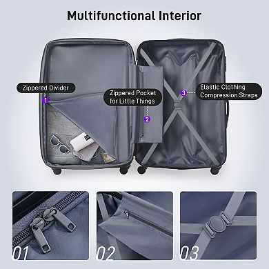 3 Pcs Hardshell Spinner 24" Luggage& 20" Lightweight Suitcase Set With Handbag, Tsa Lock