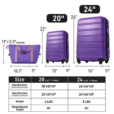 3 Pcs Hardshell Spinner 24" Luggage& 20" Lightweight Suitcase Set With Handbag, Tsa Lock