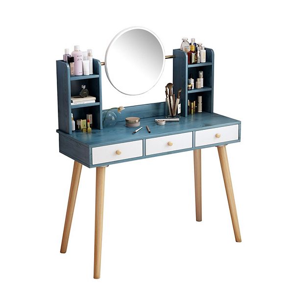Blue Mdf Makeup Vanity Desk With Mirror & Adjustable 3 Color Lights, 3