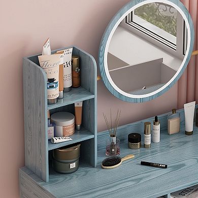 Blue Mdf Makeup Vanity Desk With Mirror & Adjustable 3 Color Lights, 3 Drawers