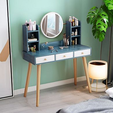 Blue Mdf Makeup Vanity Desk With Mirror & Adjustable 3 Color Lights, 3 Drawers