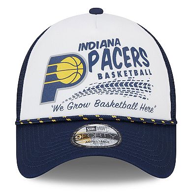 Men's New Era White/Navy Indiana Pacers 2024 NBA All-Star Game Burnout Print A-Frame 9FORTY Trucker Hat