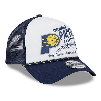 Men's New Era White/Navy Indiana Pacers 2024 NBA All-Star Game Burnout Print A-Frame 9FORTY Trucker Hat