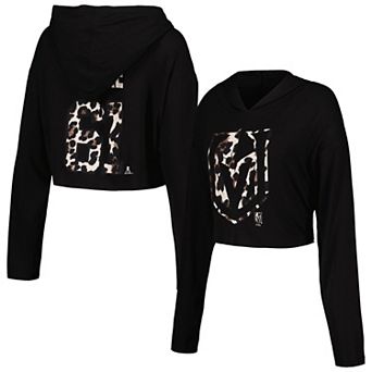 Women's Majestic Threads Mark StoneÂ Black Vegas Golden Knights Leopard Print Name & Number Cropped Pullover Hoodie