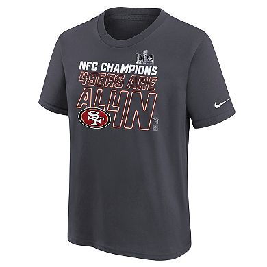 Youth Nike  Anthracite San Francisco 49ers 2023 NFC Champions Locker Room Trophy Collection T-Shirt