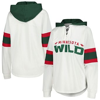 Women's G-III 4Her by Carl Banks White/Green Minnesota Wild Goal Zone Long Sleeve Lace-Up Hoodie T-Shirt