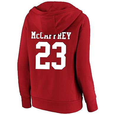 Women's Fanatics Branded Christian McCaffrey Scarlet San Francisco 49ers Super Bowl LVIII Plus Size Player Name & Number V-Neck Fleece Pullover Hoodie