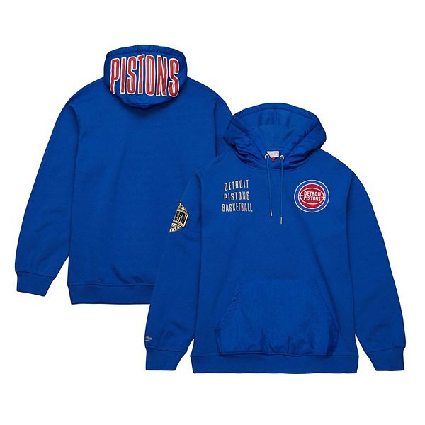 Men s Mitchell Ness Blue Detroit Pistons Team OG 2.0 Vintage Logo Fleece Pullover Hoodie
