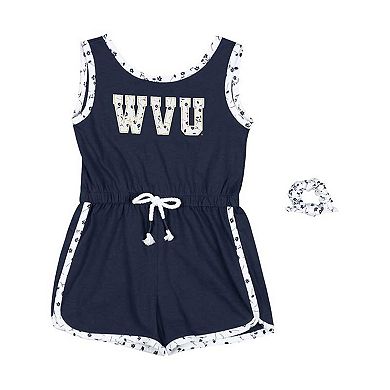 Girls Toddler Colosseum Navy West Virginia Mountaineers Scoops Ahoy Floral Romper & Scrunchie Set