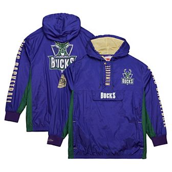 Men's Mitchell & Ness Purple Milwaukee Bucks Team OG 2.0 Vintage Logo Anorak Windbreaker Quarter-Zip Jacket
