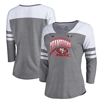 Women's Fanatics Branded Heather Gray San Francisco 49ers 2023 NFC Champions Hail Mary Tri-Blend 3/4-Sleeve V-Neck T-Shirt