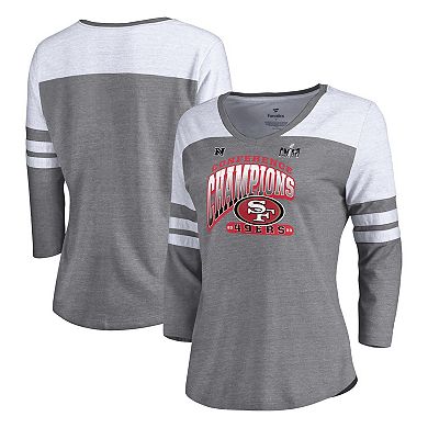 Women's Fanatics Branded  Heather Gray San Francisco 49ers 2023 NFC Champions Hail Mary Tri-Blend 3/4-Sleeve V-Neck T-Shirt
