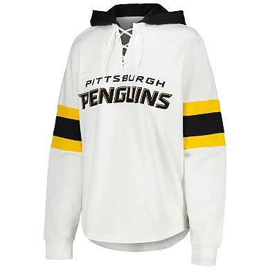 Women's G-III 4Her by Carl Banks White/Black Pittsburgh Penguins Goal Zone Long Sleeve Lace-Up Hoodie T-Shirt