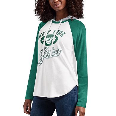 Women's G-III 4Her by Carl Banks White New York Jets MVP Raglan Hooded Long Sleeve T-Shirt