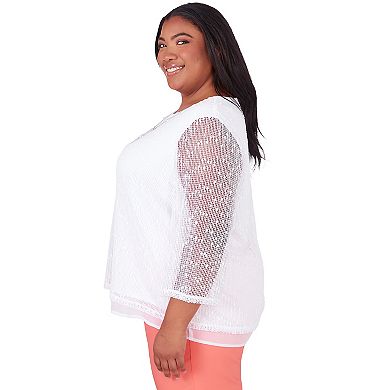 Plus Size Alfred Dunner Popcorn Mesh Layered Long Sleeve Top with Necklace