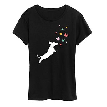 Women's Dachshund Chasing Butterflies Graphic Tee