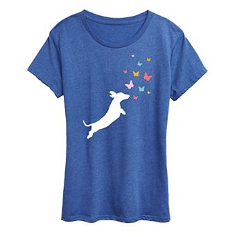 Women's Dachshund Chasing Butterflies Graphic Tee