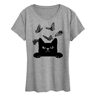 Women's Peeking Cat And Butterflies Graphic Tee