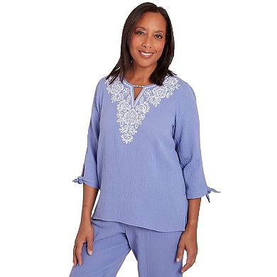 Women's Alfred Dunner Embroidered Beaded Neck 3/4-Tie Sleeve Top