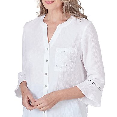 Women's Alfred Dunner Flowy Lacey Gauze Long Sleeve Summer Button Down Top