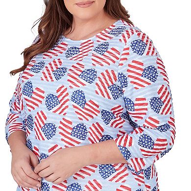 Plus Size Alfred Dunner American Flag Hearts Allover Print 3/4-Sleeve Top