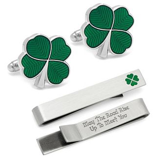 Men's Cuff Links, Inc. Green Clover Cufflinks and Tie Bar Gift Set