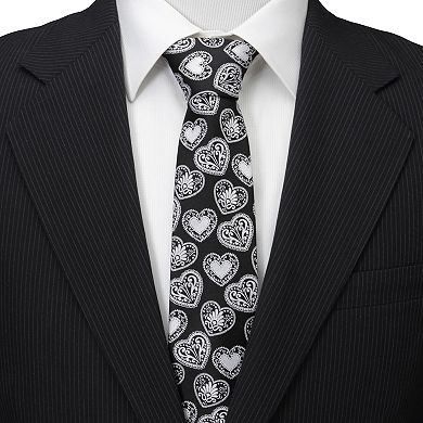 Men's Cuff Links, Inc. Black and White Paisley Heart Tie