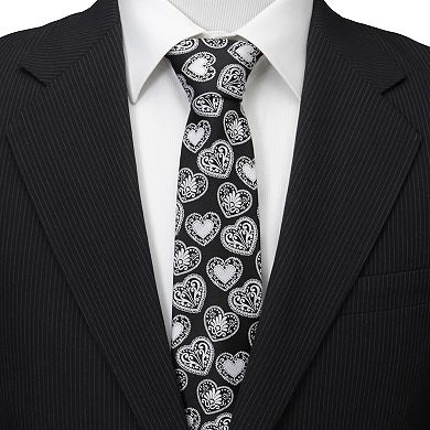 Men's Cuff Links, Inc. Black and White Paisley Heart Tie